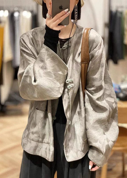 Jacquard Grey O-neck Pockets Coats Spring Bv019