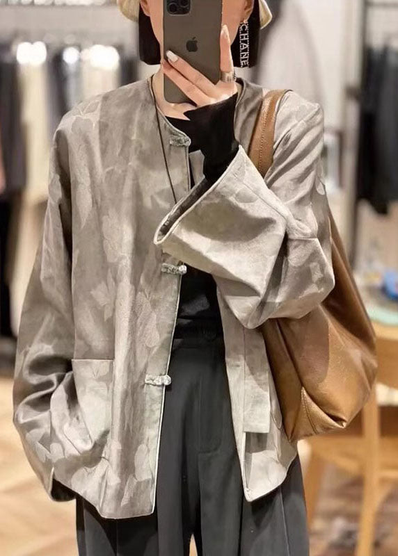 Jacquard Grey O-neck Pockets Coats Spring Bv019