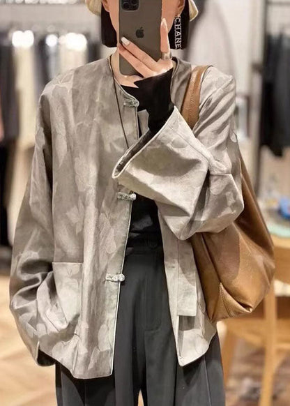 Jacquard Grey O-neck Pockets Coats Spring Bv019