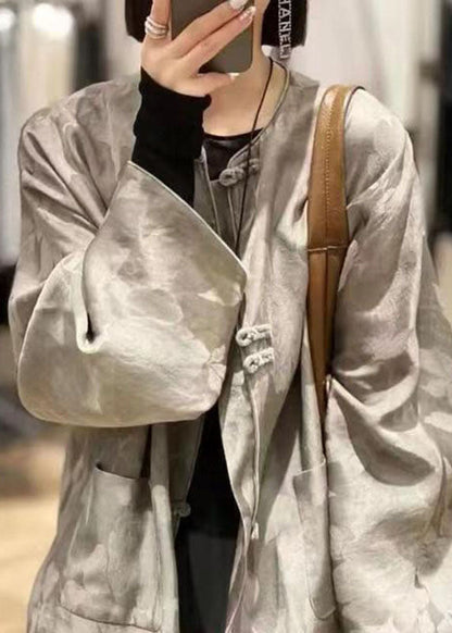 Jacquard Grey O-neck Pockets Coats Spring Bv019