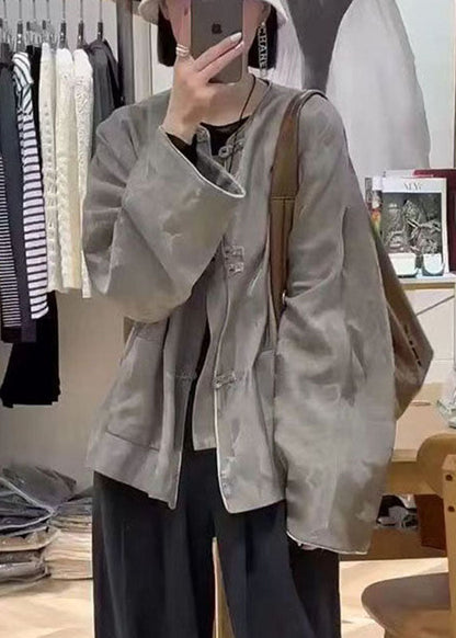 Jacquard Grey O-neck Pockets Coats Spring Bv019