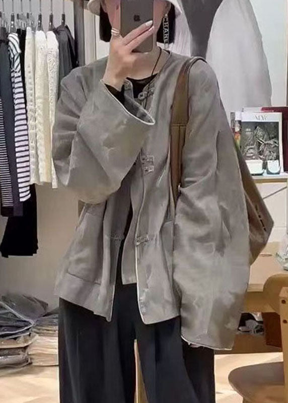 Jacquard Grey O-neck Pockets Coats Spring Bv019