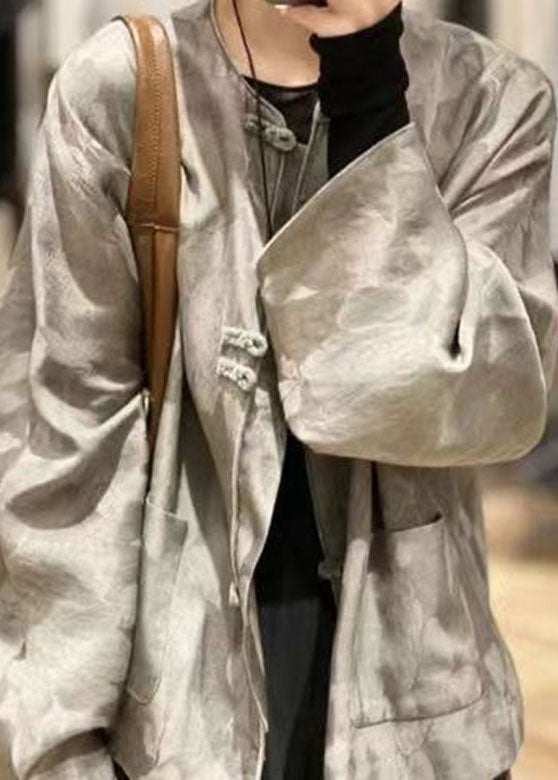 Jacquard Grey O-neck Pockets Coats Spring Bv019