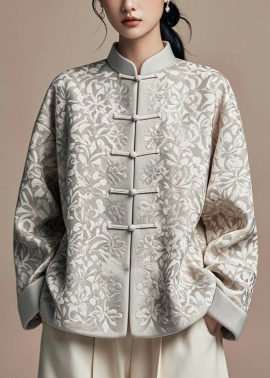 Jacquard Grey Stand Collar Button Silk Cotton Coat Fall Ag1031