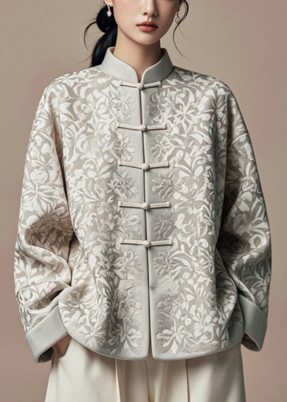 Jacquard Grey Stand Collar Button Silk Cotton Coat Fall Ag1031