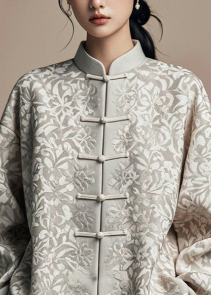 Jacquard Grey Stand Collar Button Silk Cotton Coat Fall Ag1031