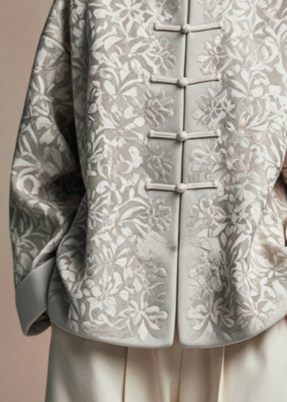 Jacquard Grey Stand Collar Button Silk Cotton Coat Fall Ag1031