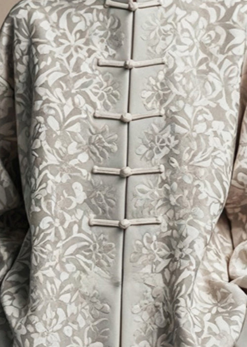 Jacquard Grey Stand Collar Button Silk Cotton Coat Fall Ag1031