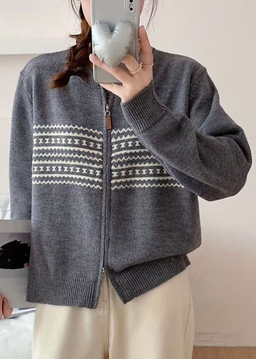 Jacquard Grey Zip Up Cozy Knit Coat Fall Qg008