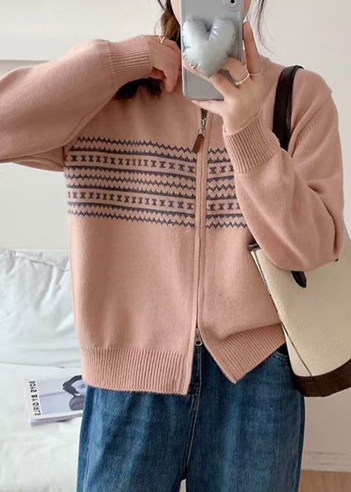 Jacquard Grey Zip Up Cozy Knit Coat Fall Qg008