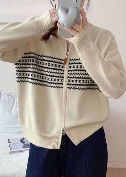 Jacquard Grey Zip Up Cozy Knit Coat Fall Qg008