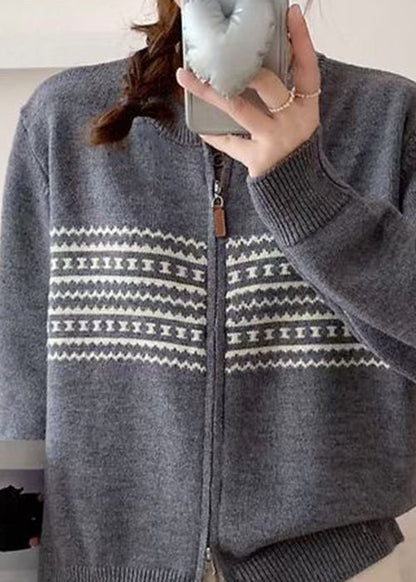 Jacquard Grey Zip Up Cozy Knit Coat Fall Qg008