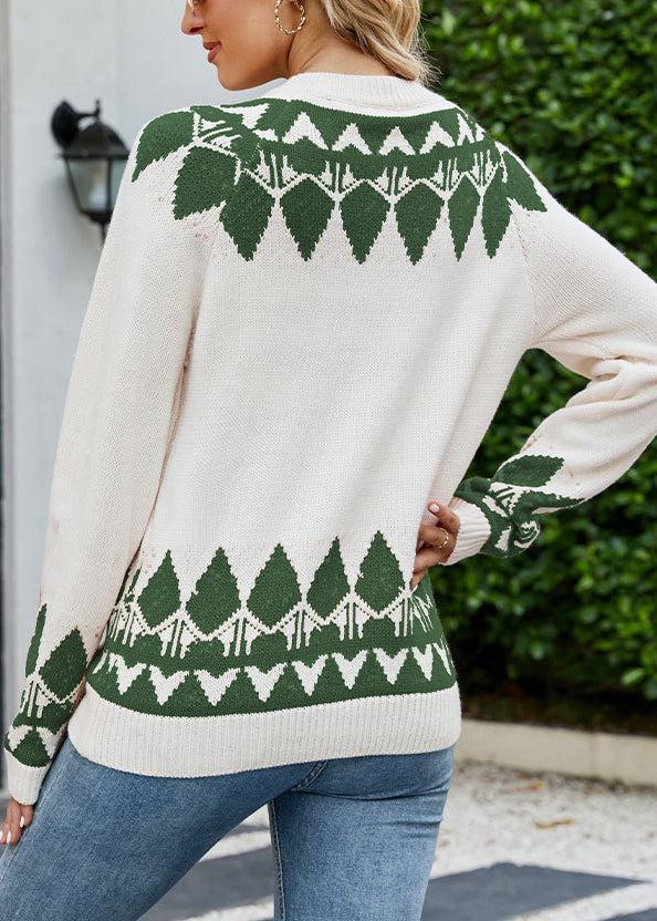 Jacquard Khaki O Neck Cozy Patchwork Knit Sweater Fall Ae1029