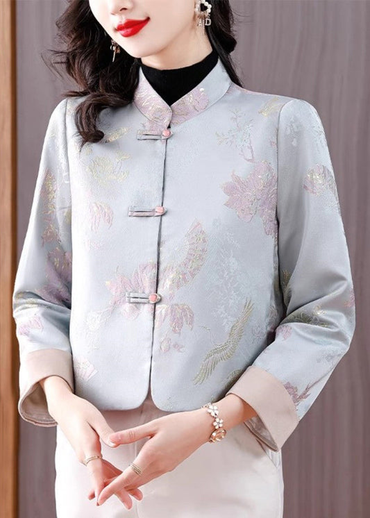 Jacquard Light Blue Stand Collar Button Cotton Coats Fall Qo005