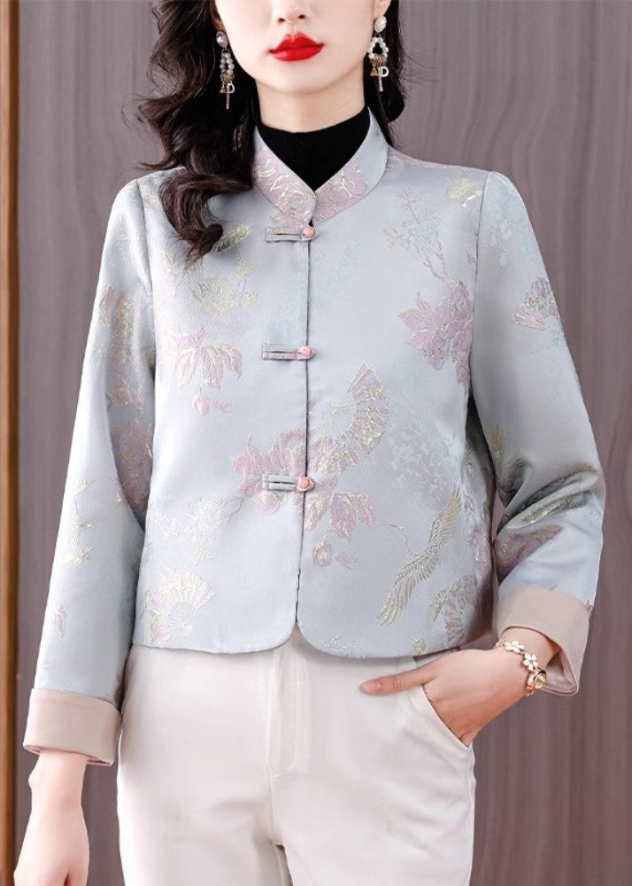 Jacquard Light Blue Stand Collar Button Cotton Coats Fall Qo005