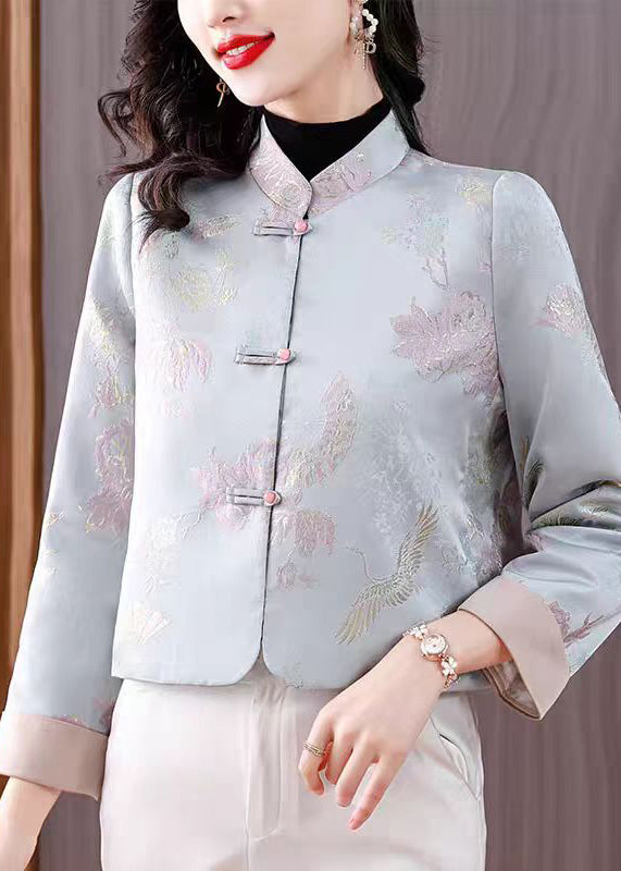Jacquard Light Blue Stand Collar Button Cotton Coats Fall Qo005