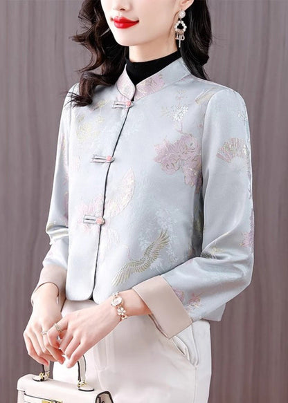 Jacquard Light Blue Stand Collar Button Cotton Coats Fall Qo005