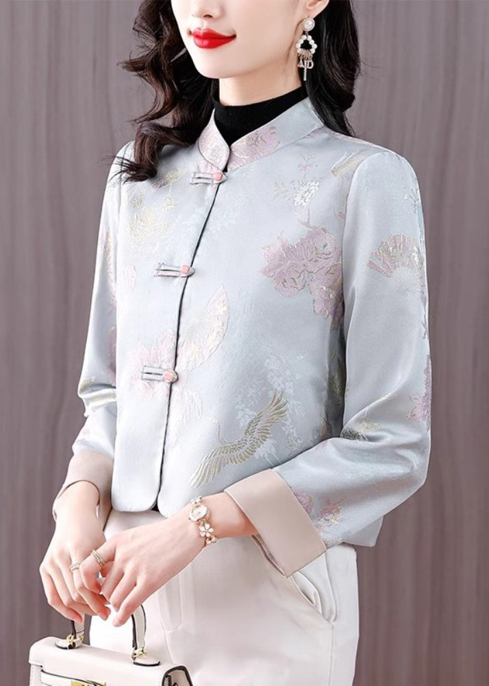 Jacquard Light Blue Stand Collar Button Cotton Coats Fall Qo005