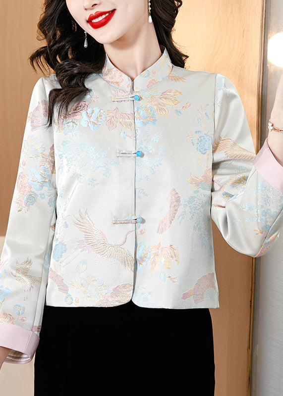 Jacquard Light Blue Stand Collar Button Silk Coats Fall Qo002