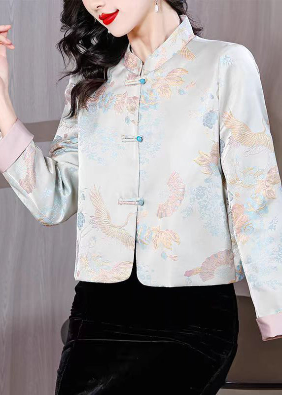 Jacquard Light Blue Stand Collar Button Silk Coats Fall Qo002