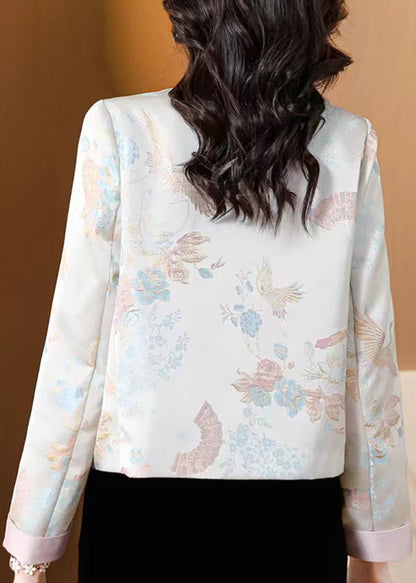 Jacquard Light Blue Stand Collar Button Silk Coats Fall Qo002