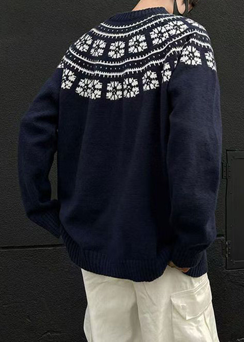 Jacquard Navy O-neck Cozy Knit Sweater Spring Tk010