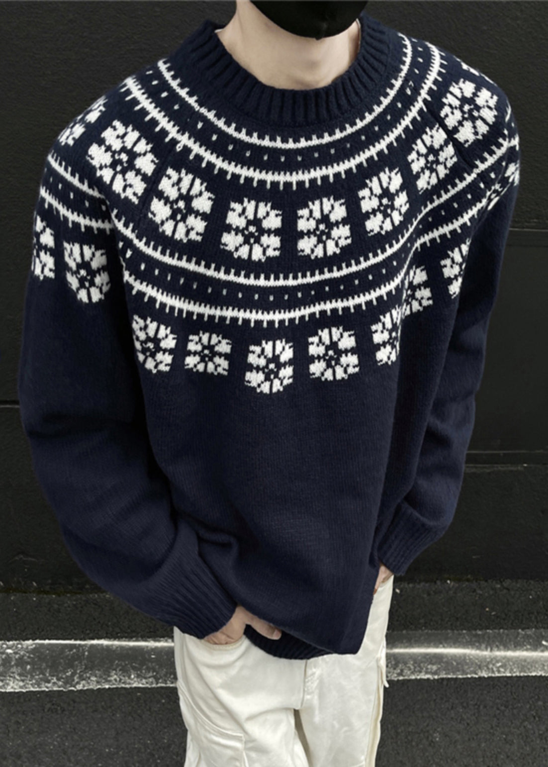Jacquard Navy O-neck Cozy Knit Sweater Spring Tk010