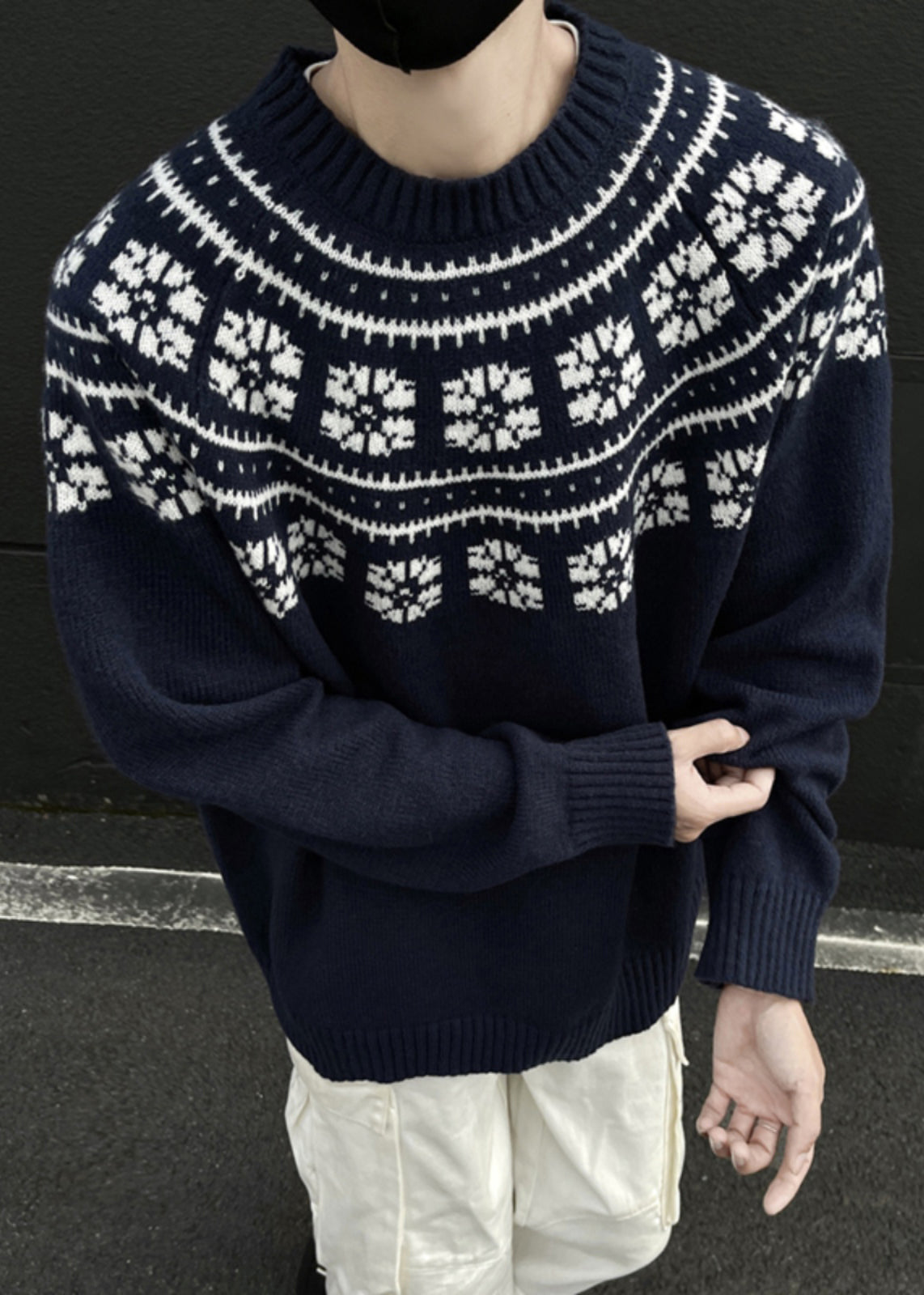 Jacquard Navy O-neck Cozy Knit Sweater Spring Tk010