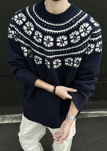 Jacquard Navy O-neck Cozy Knit Sweater Spring Tk010
