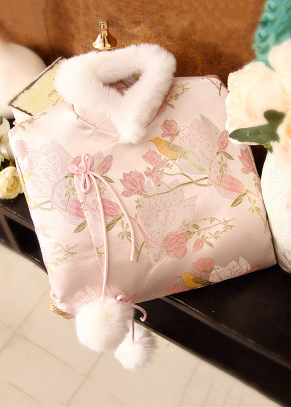 Jacquard Pink Fur Collar Fuzzy Ball Patchwork Duck Down Down Coats Winter Rz034