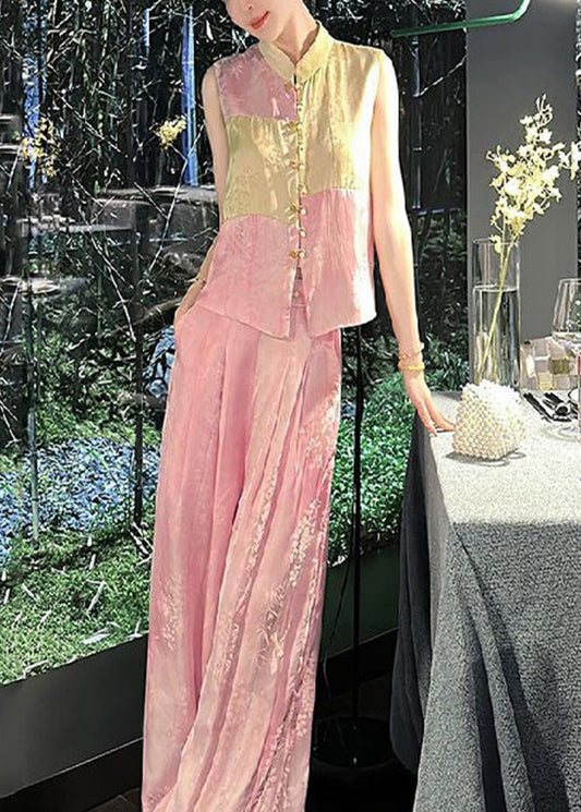 Jacquard Pink Stand Collar Patchwork Silk Cotton Shirts and Wide Leg Pants Two Piece Set Sleeveless Uu1035
