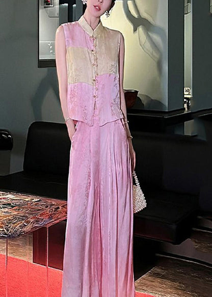 Jacquard Pink Stand Collar Patchwork Silk Cotton Shirts and Wide Leg Pants Two Piece Set Sleeveless Uu1035
