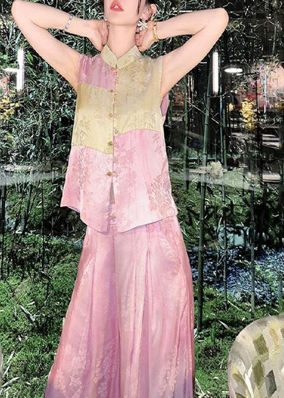 Jacquard Pink Stand Collar Patchwork Silk Cotton Shirts and Wide Leg Pants Two Piece Set Sleeveless Uu1035