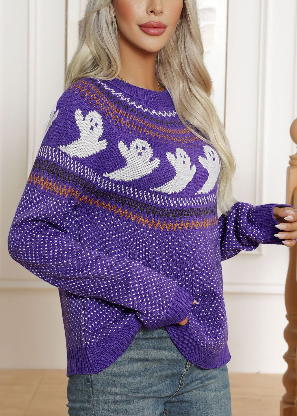 Jacquard Purple Dot Patchwork Knit Sweater Fall Ae1019