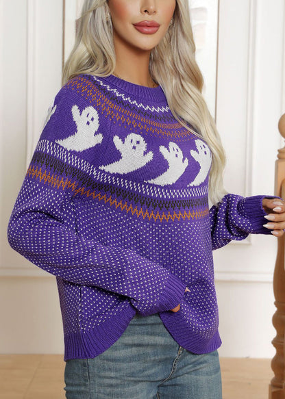Jacquard Purple Dot Patchwork Knit Sweater Fall Ae1019