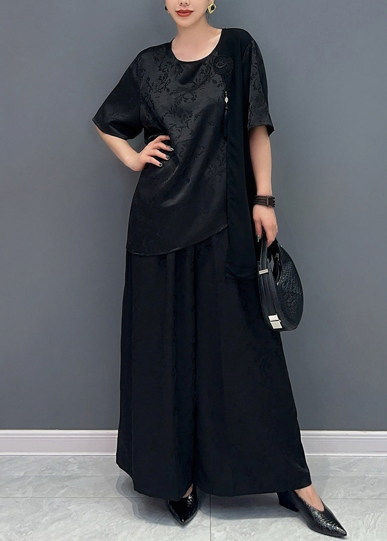 Jacquard Red Asymmetrical Patchwork Tassel Silk Top and Wide Leg Pants Two Pieces Set Short Sleeve Ao1063