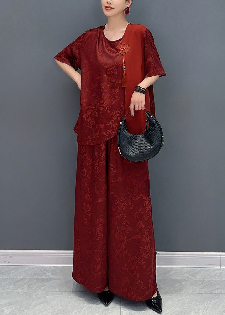 Jacquard Red Asymmetrical Patchwork Tassel Silk Top and Wide Leg Pants Two Pieces Set Short Sleeve Ao1063