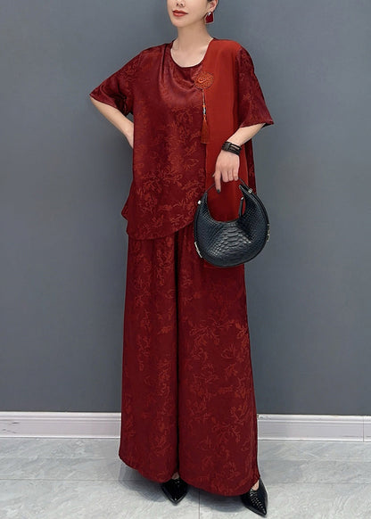 Jacquard Red Asymmetrical Patchwork Tassel Silk Top and Wide Leg Pants Two Pieces Set Short Sleeve Ao1063