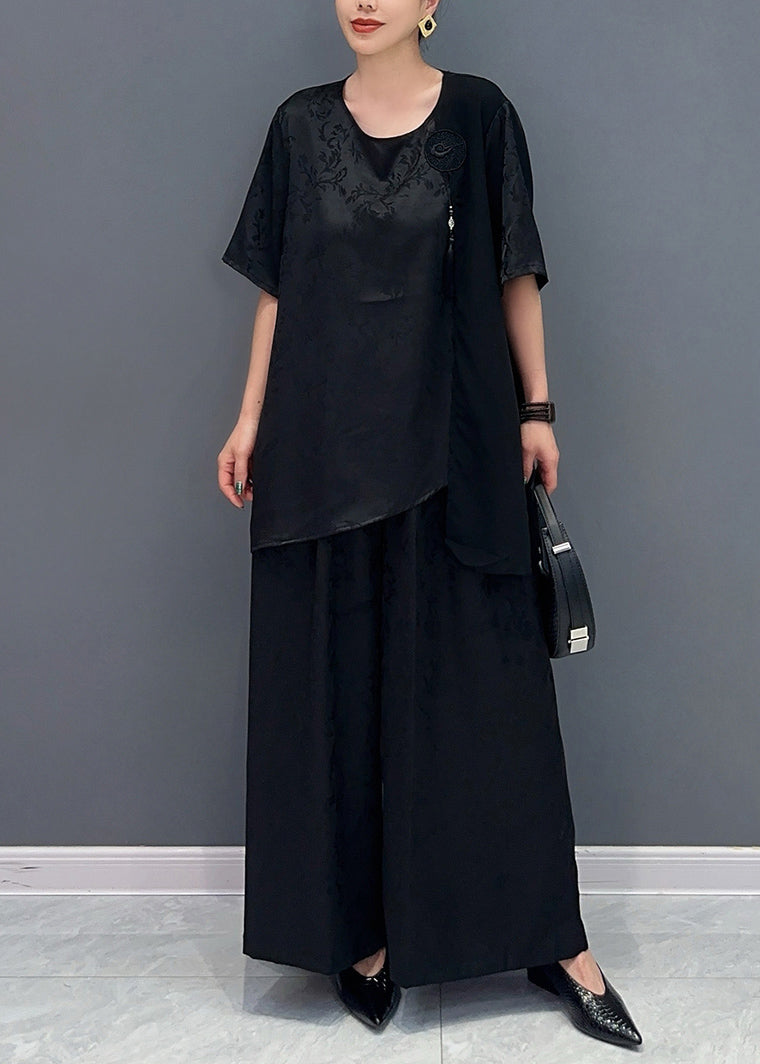 Jacquard Red Asymmetrical Patchwork Tassel Silk Top and Wide Leg Pants Two Pieces Set Short Sleeve Ao1063