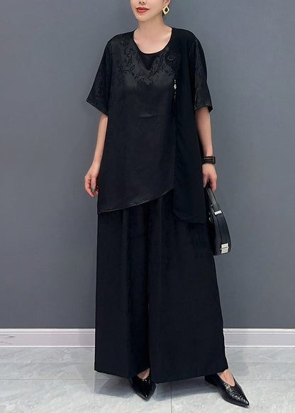 Jacquard Red Asymmetrical Patchwork Tassel Silk Top and Wide Leg Pants Two Pieces Set Short Sleeve Ao1063