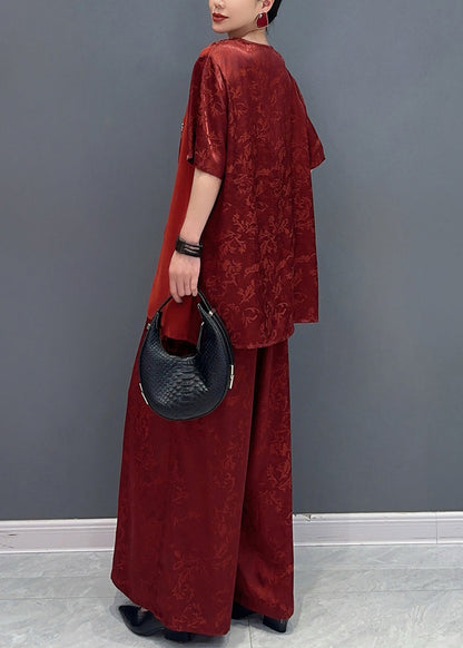 Jacquard Red Asymmetrical Patchwork Tassel Silk Top and Wide Leg Pants Two Pieces Set Short Sleeve Ao1063