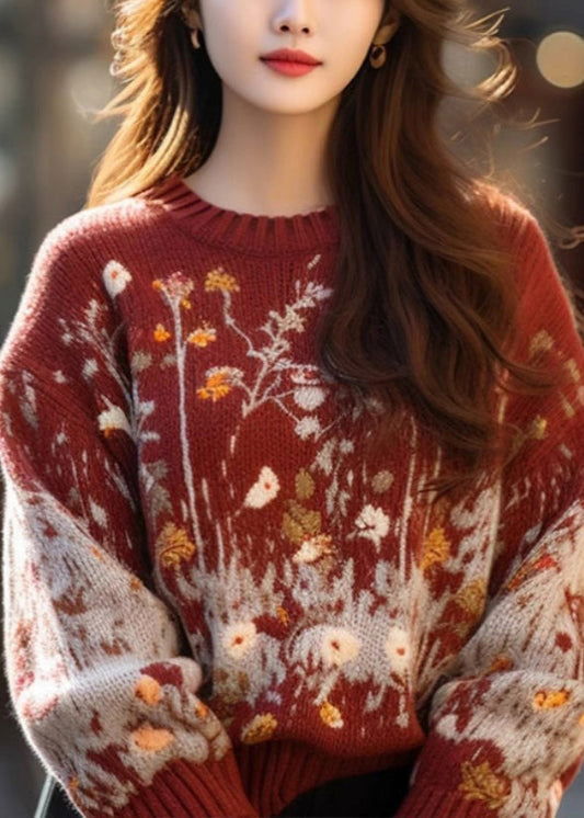 Jacquard Red O-neck Cozy Loose Knit Sweater Winter Wm019
