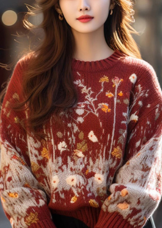 Jacquard Red O-neck Cozy Loose Knit Sweater Winter Wm019