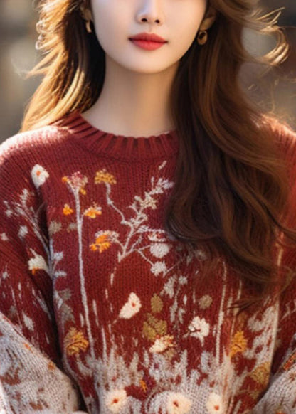 Jacquard Red O-neck Cozy Loose Knit Sweater Winter Wm019