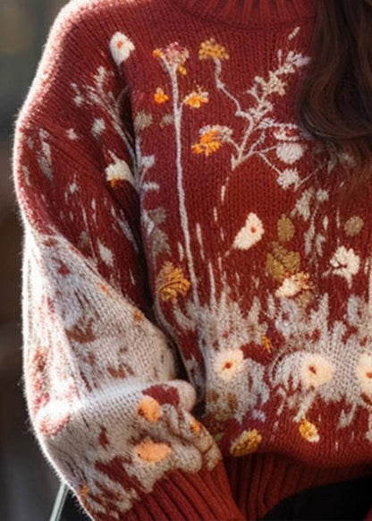 Jacquard Red O-neck Cozy Loose Knit Sweater Winter Wm019
