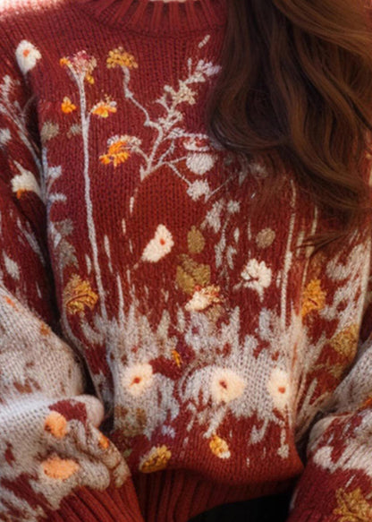 Jacquard Red O-neck Cozy Loose Knit Sweater Winter Wm019