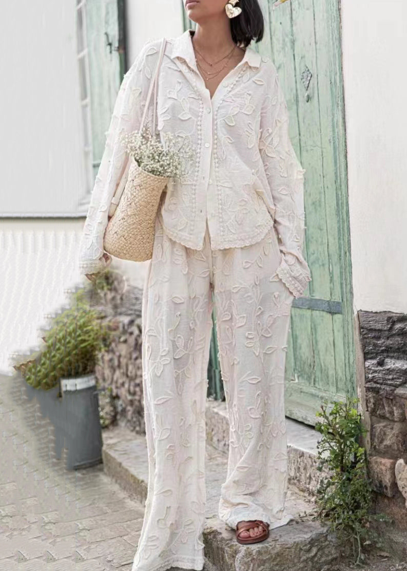 Jacquard White Button Cotton Shirts and Pants Sets 2 Pieces Long Sleeve Bb070