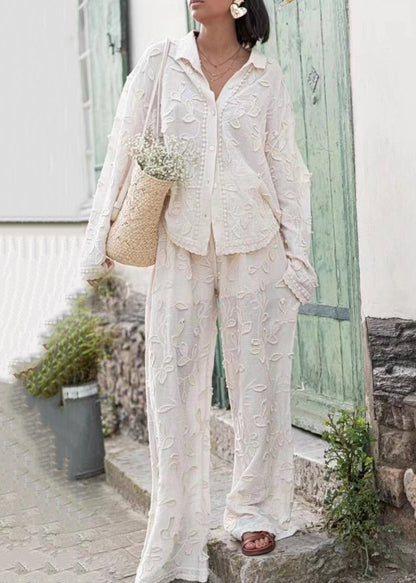 Jacquard White Button Cotton Shirts and Pants Sets 2 Pieces Long Sleeve Bb070