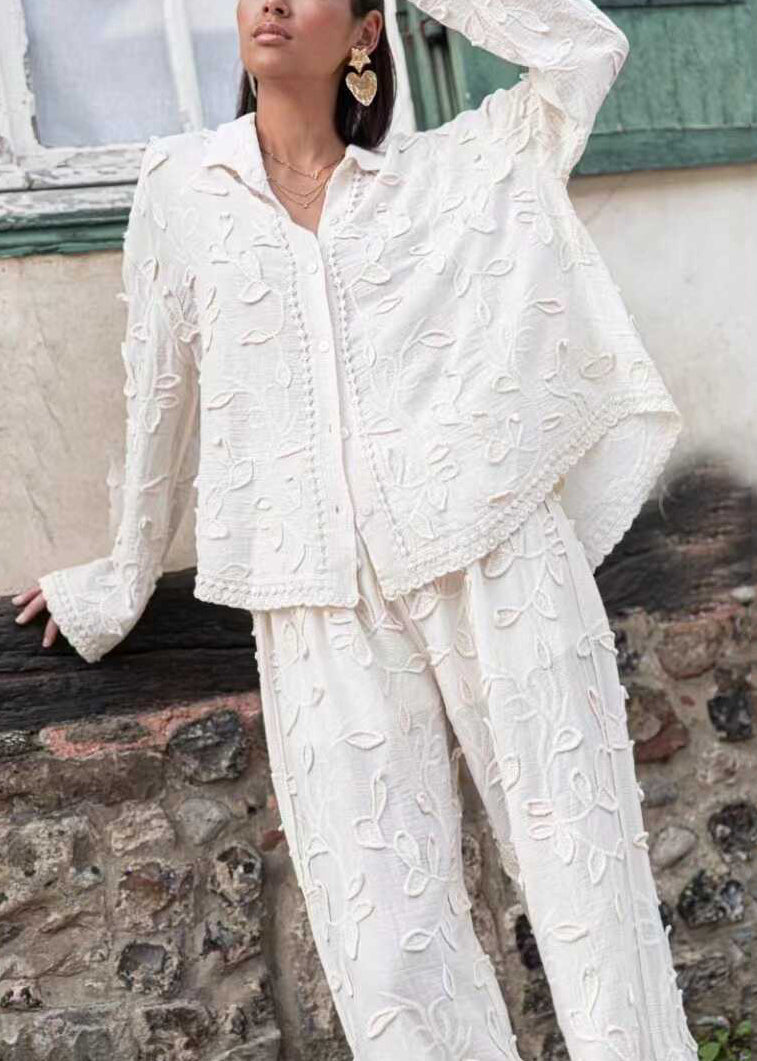 Jacquard White Button Cotton Shirts and Pants Sets 2 Pieces Long Sleeve Bb070