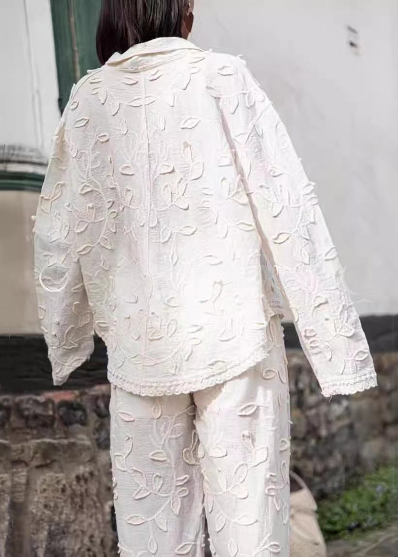 Jacquard White Button Cotton Shirts and Pants Sets 2 Pieces Long Sleeve Bb070